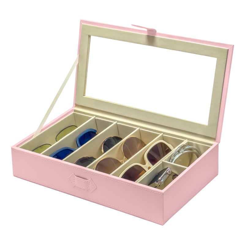 UnionPlus Sunglasses Case Organizer, Multiple Sunglasses Eyeglass Glasses Display Holder Collector, 5 Slots for Sunglasses Storage and 2 Small Slots for Accessories, Pink - Image 1